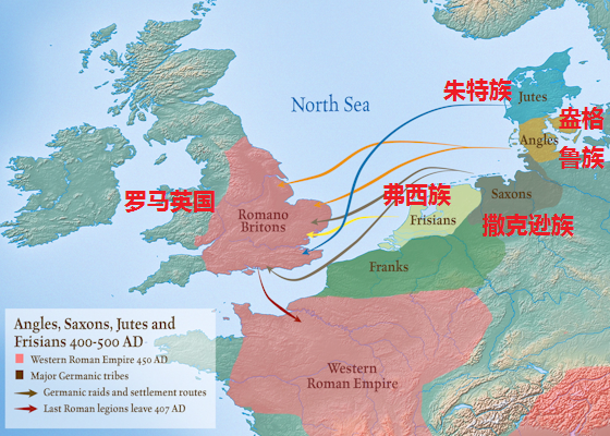 古英语形成时间:公元5世纪(中国南北朝时期) 四个日耳曼西支部落: 1.