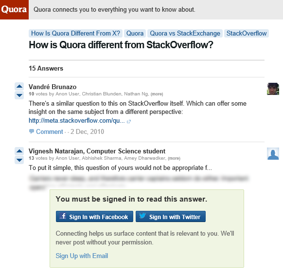 Quora这样非注册用户只能看第一条回答,其余
