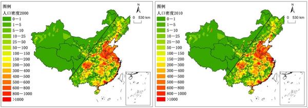 2000年和2010年的中国人口密度分布