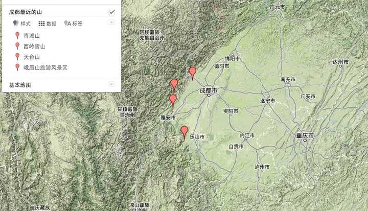 以上是成都周边的地形图,可以很容易的看出来,从西北方向到东南方向