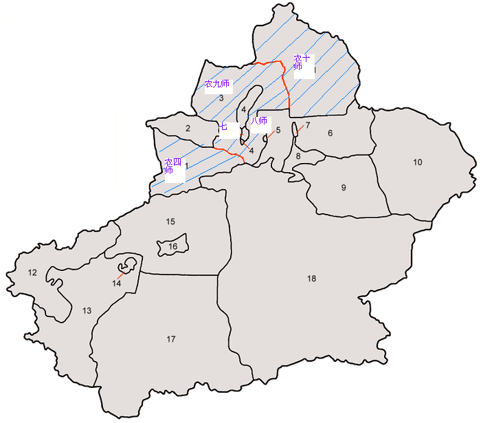 图中1 3 11是伊犁自治州,4是克拉玛依市,5是石河子市.