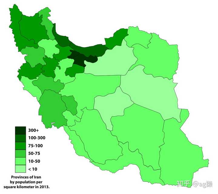 伊朗的人口密度地图,目前疫情最严重的几个省份也是伊朗人口密度最高