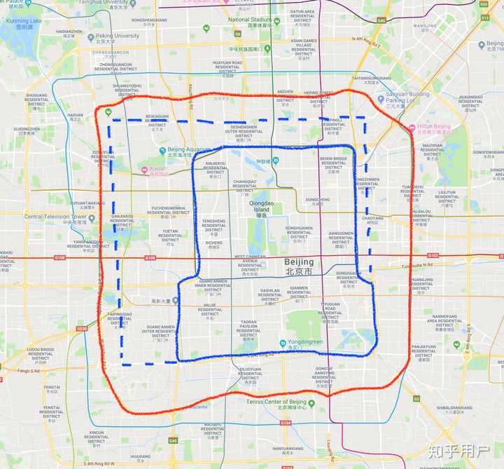 红色为三环范围,蓝色为明清北京城范围.