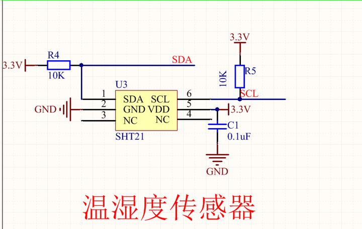 用的是sht21温湿度传感器,i2c接口,精度还不错给你分享一下原理图吧