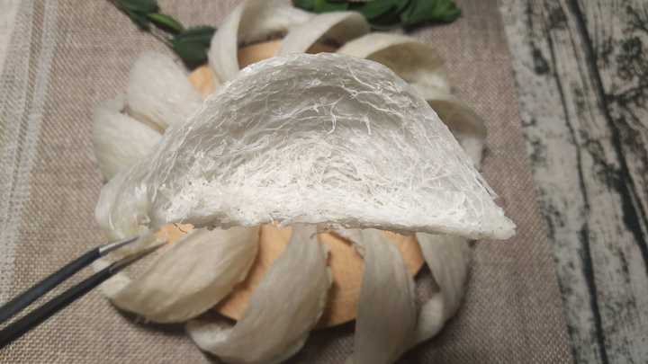 但大概能看出来还可以,属于湿挑,底座有粘碎,不是天然的燕窝挑毛后的