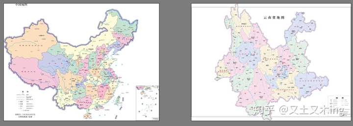 中国地图(左)与云南省行政区划图(右)对比图