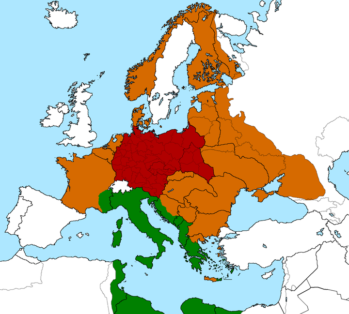 tno狂喜,下面这个就是1942年的欧洲地图,红色是本体大德意志帝国(gro