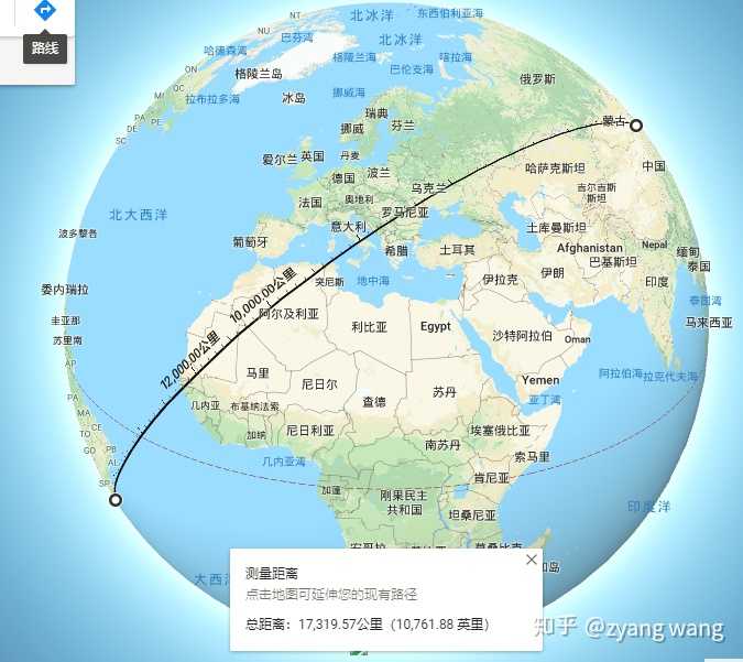 在谷歌地图上测量了北京首都机场到里约机场的直线距离,大于17000km