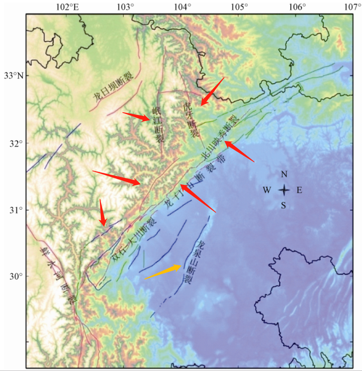 龙门山断裂带及周边断裂带,与地形图的叠加,可以明显发现,相当一些大