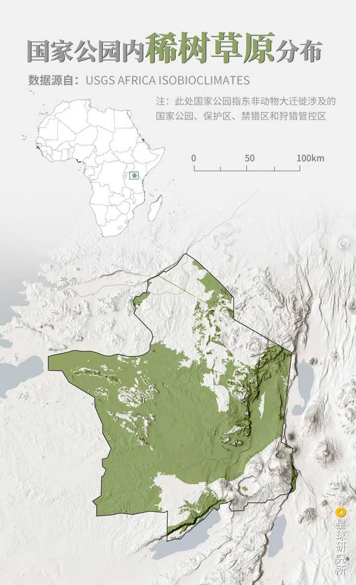 东非动物大迁徙所涉及到的主要热带稀树草原范围,制图@巩向杰&