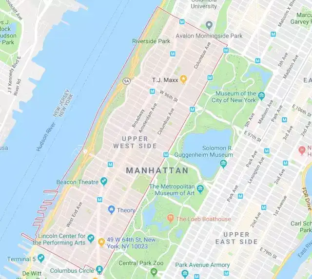看整个曼哈顿可以分为 上城,中城,下城,以5大道为界又分为东城和西城