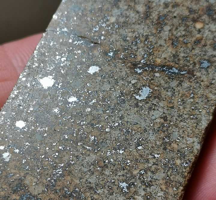 l5型低铁球粒陨石,可以在切面上看到金属颗粒("5"代表岩石类型,与球粒