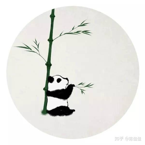 来自插画师石家小鬼的手绘插画:一组类水墨画风格的小熊猫与竹子的