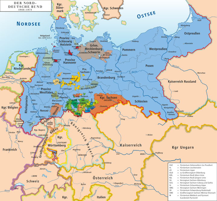 这是普奥战争之后的德意志,蓝色的普鲁士吞并反对它的汉诺威,黑森