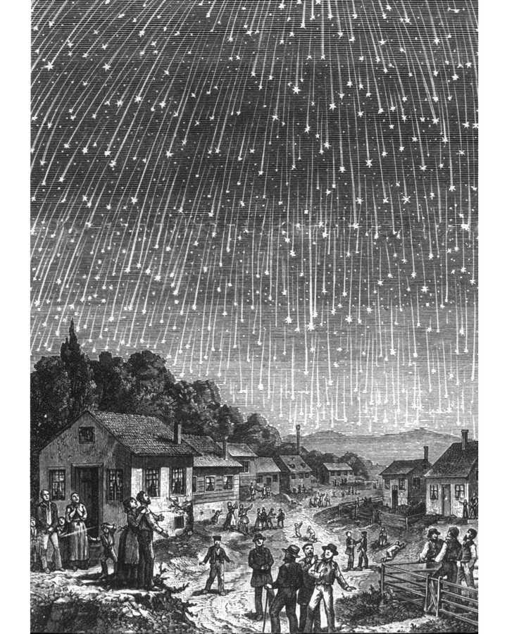 1833年狮子座流星暴发生场景绘画,历史记载当时"星落如雨"