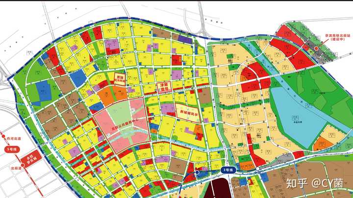 加注了地铁,楼盘等位置我得出下图: 天津市中心城区北部新区控制性