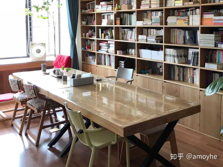 以大桌子为核心,客厅四面分别为:飘窗,书架墙,钢琴,茶水柜