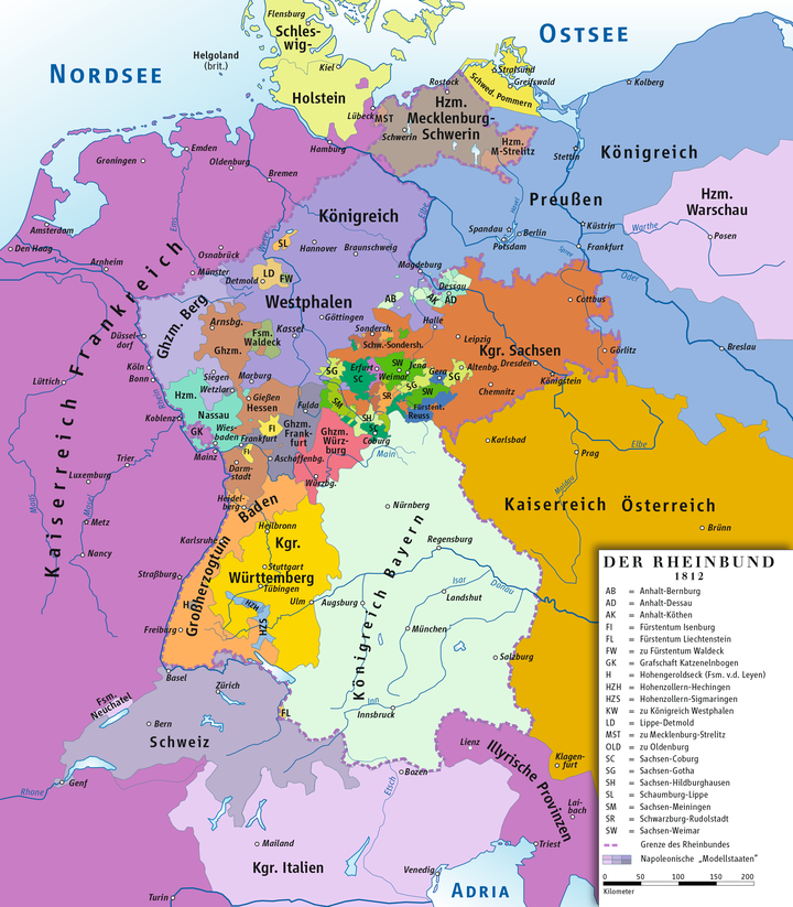 注意图中法兰克福大公国(深灰色)与维尔茨堡大公国(红色)的所在.