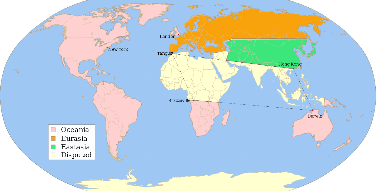 奥威尔的《1984》中,世界版图被3个超级大国瓜分——欧亚国(eurasia)