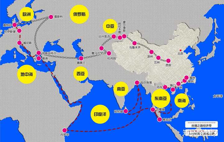 中国一带一路规划的主要地区包括东南亚,南亚,中东,欧洲,非洲.