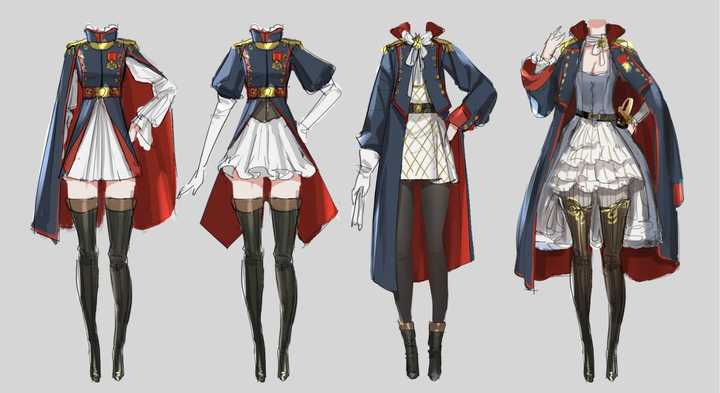 先是从左到右依次设计了 4 套初步的服装方案,参考了拿破仑早期军装的