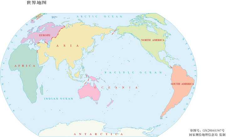 世界地图  1-2.5亿  64开分洲设色