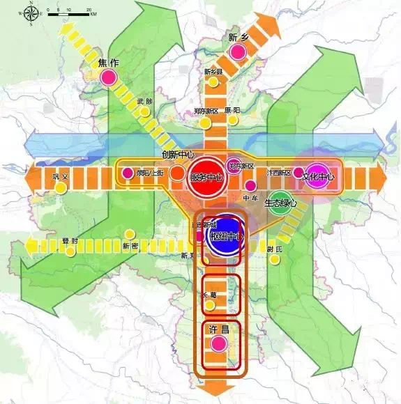 在"主城中心 空港中心"同时,把其他县级市(区)和许昌市,开封市两个地