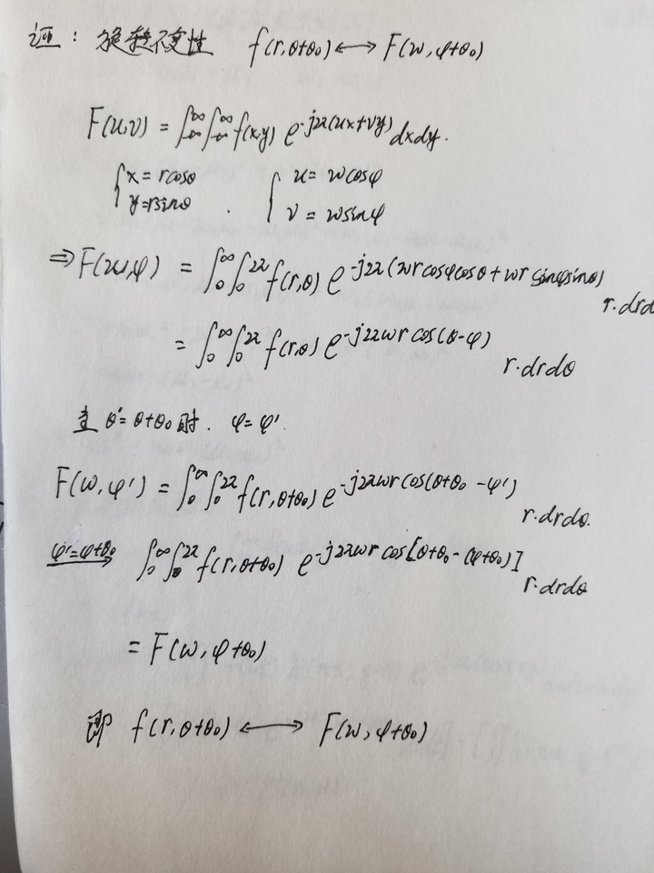 证明傅里叶变换的旋转不变性:f(r,θ θ0)f(ω,φ θ0)?