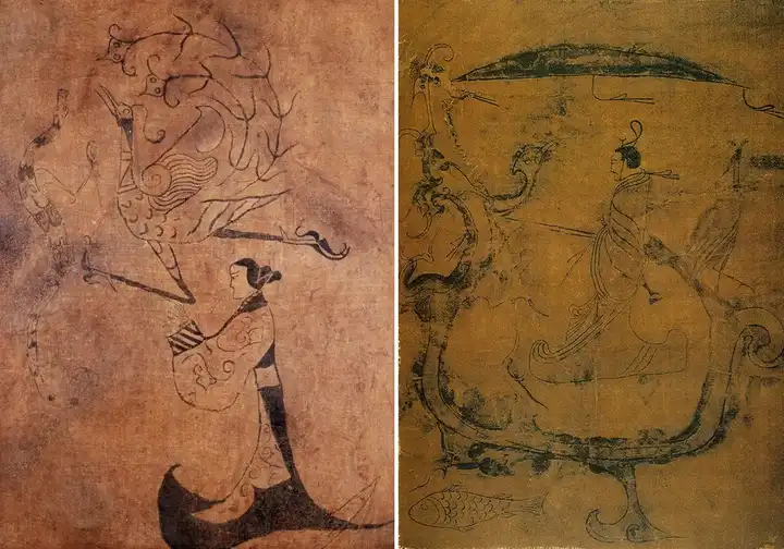 出土于湖南长沙子弹库战国楚墓的《人物龙凤帛画》《人物御龙图》帛画