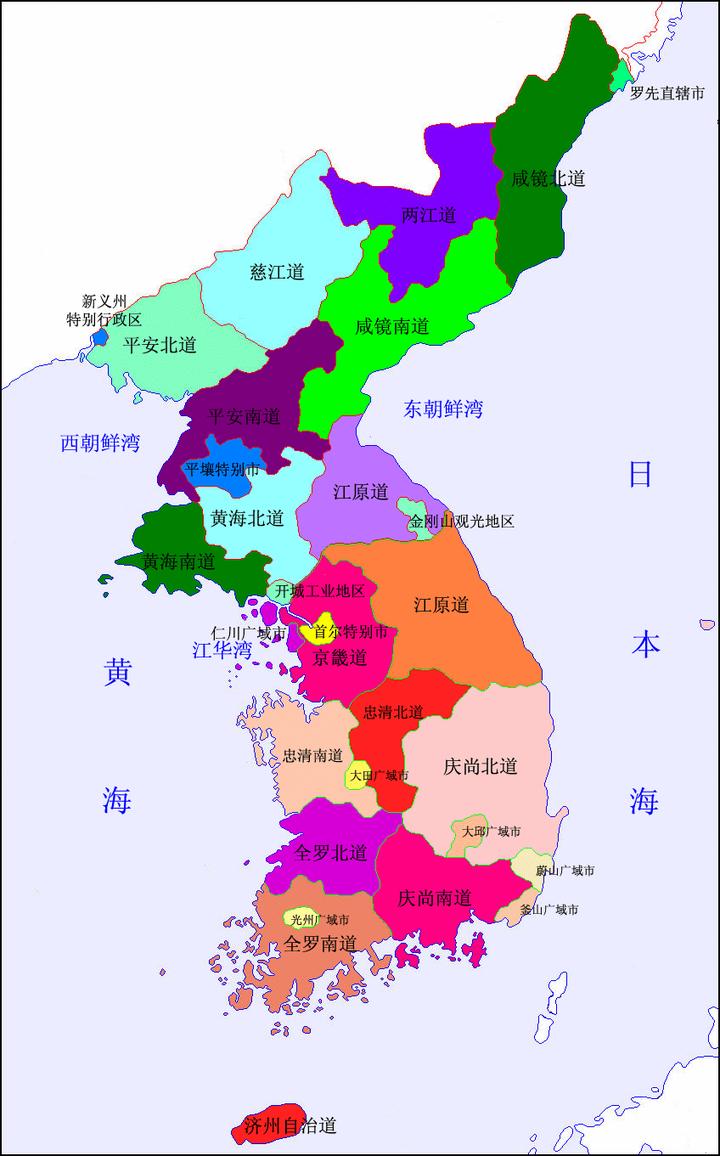 朝鲜人民民主主义共和国与大韩民国南北双方一级行政区划的地图(2012