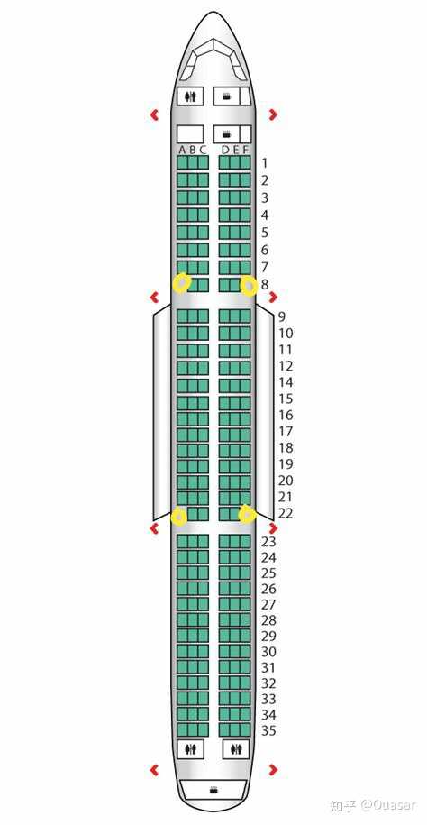 这是a321飞机的舱位图,黄色圆圈是空姐可能坐的位置,空姐面对机尾方向