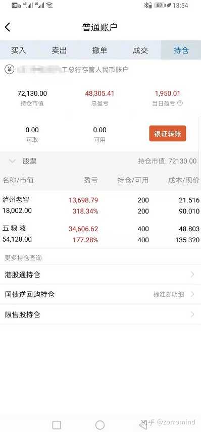 持仓图(泸州老窖卖了100股,所以收益比例显示有误,参考五粮液的收益率