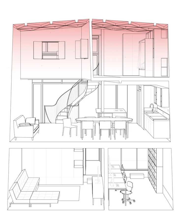 上图:建筑剖面图,屋顶结构有效增加卧室的额外空间 下图:木质屋顶