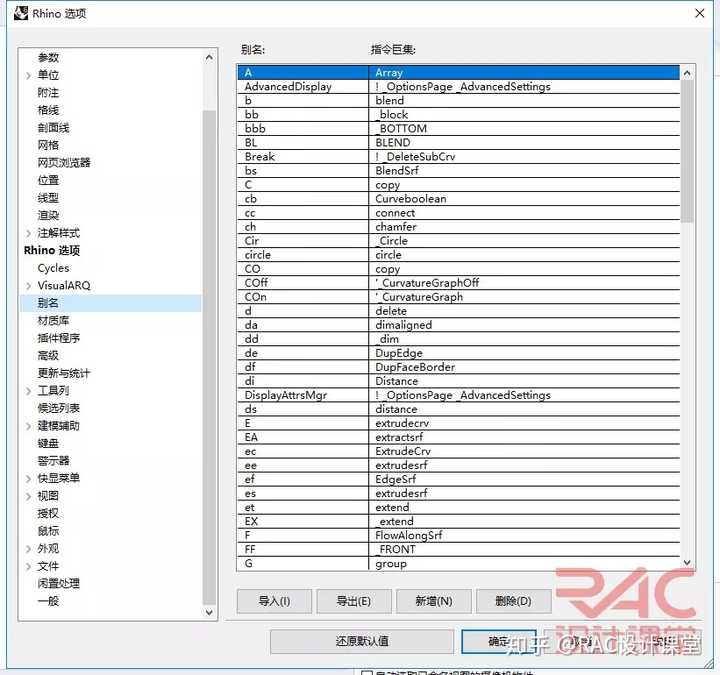 rhino选项设置中的 「别名」就是命令快捷键,我们可以直接导入cad的