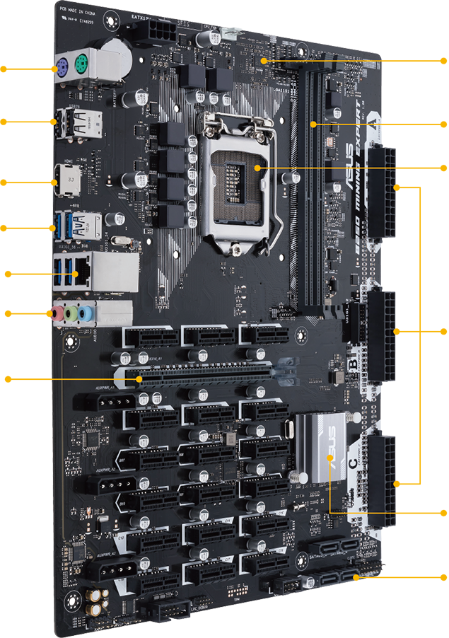 一个x16插槽 18个x1插槽的华硕b250 miner expert主板