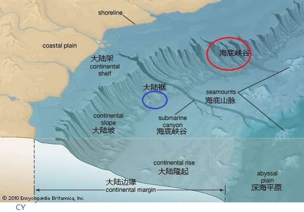 为大陆向洋底延伸的过渡地带,地貌上分为三个部分: 大陆架, 大陆坡