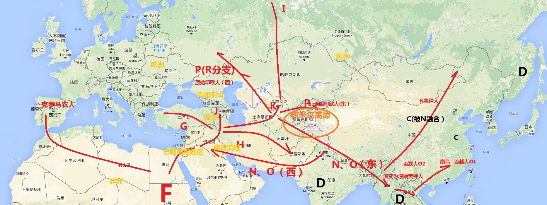 7万年前开始的第二世代人种f的迁徙过程 黑色为第一世代人种残余