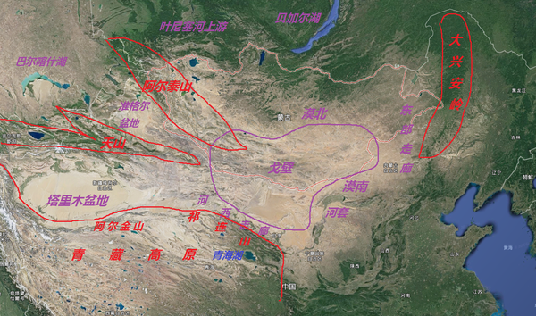 蒙古高原的西侧,是阿尔泰山脉,主要在外蒙境内,少部分在俄罗斯和新疆