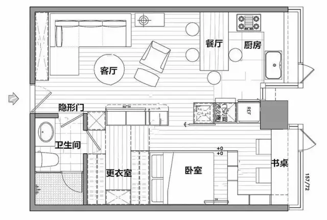 这是43平案例的平面图,把其中的客厅,餐厅及书房合三为一,减去更衣室