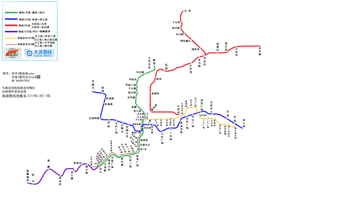 按照题主的意思,我做了一张大连市轨道交通运行线路图,附带有轨电车.