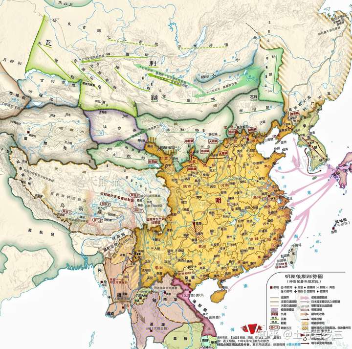 明后期地图,注意左上角伊犁河谷地区为哈萨克汗国,吉尔吉斯人也与