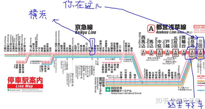 你可以在三田下一站的泉岳寺转京急线,它会带你去横滨.