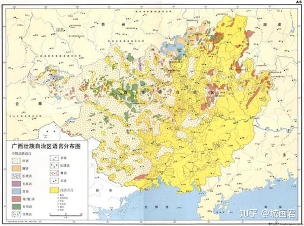 广西壮族自治区语言分布图,共13种语音.