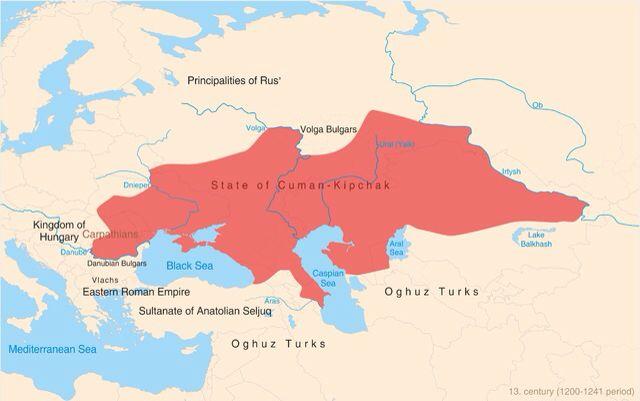 钦察汗国成立之前,南俄到哈萨克的霸权是钦察-库曼联邦(qipchaq-cum