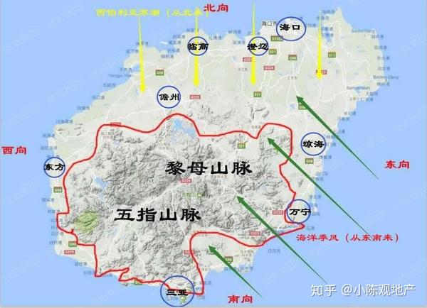 2:地形地貌 海南省地形图 ①:地形 海南岛四周低平,中间高耸,以五指