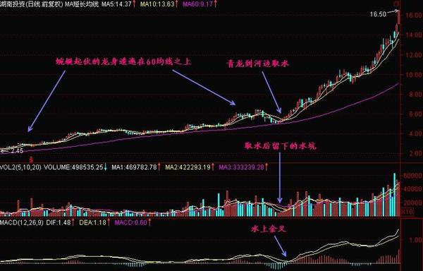 日k线图依附在龙体上如片片龙鳞,如此形成的青龙逶迤在60日均线之上.