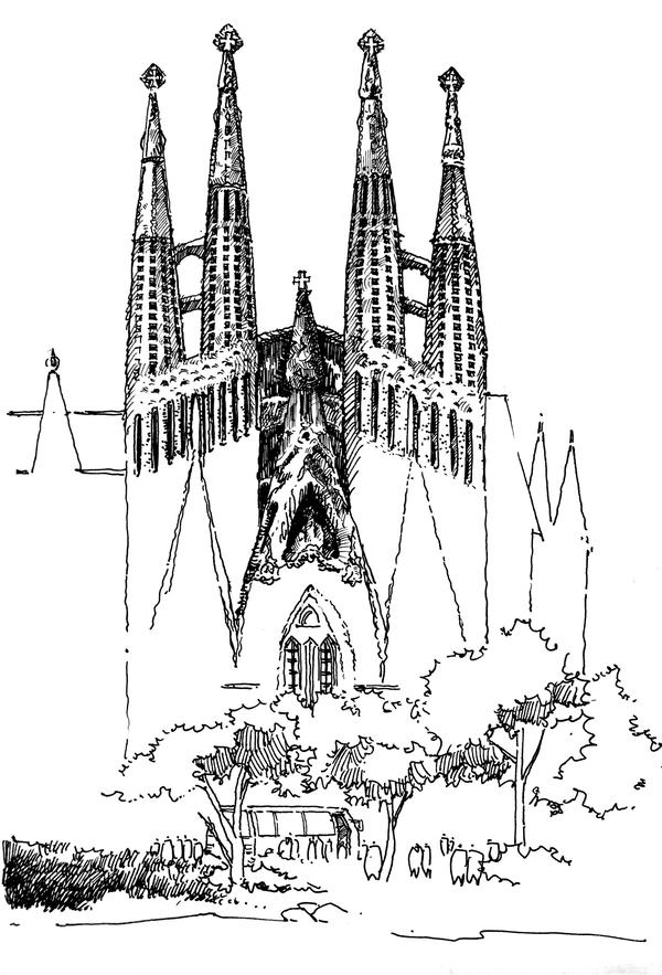 手绘"圣家族教堂"(钢笔起稿,以马克笔和彩铅作为上色材料)