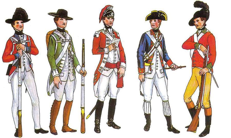 18 世纪后期英国陆军步兵军服从左至右依次为第 47 步兵团中士,第 9