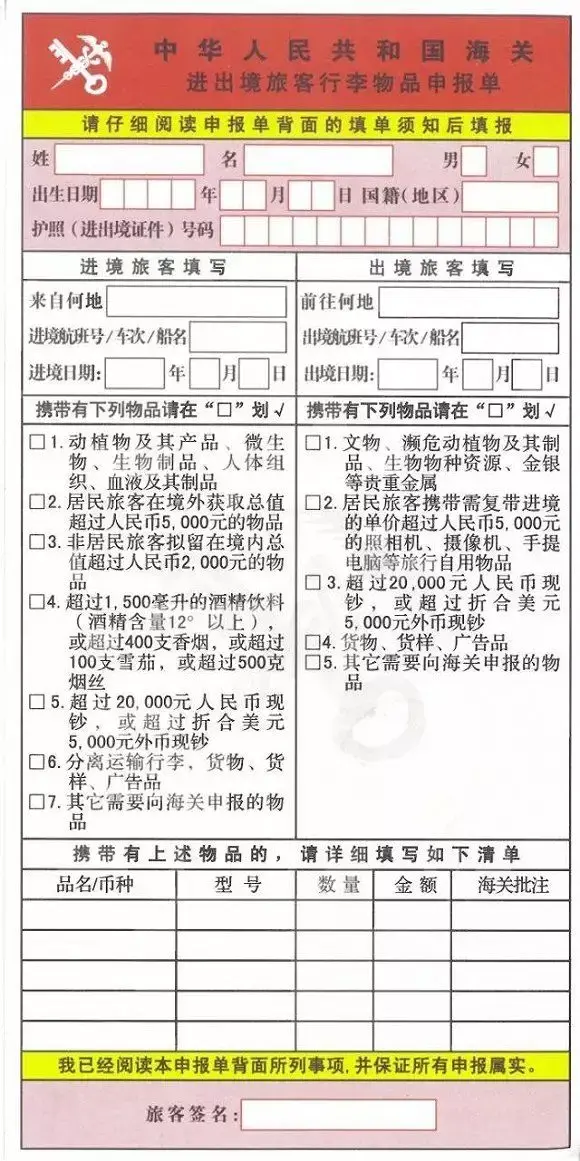 中国海关进出境旅客行李物品申报单