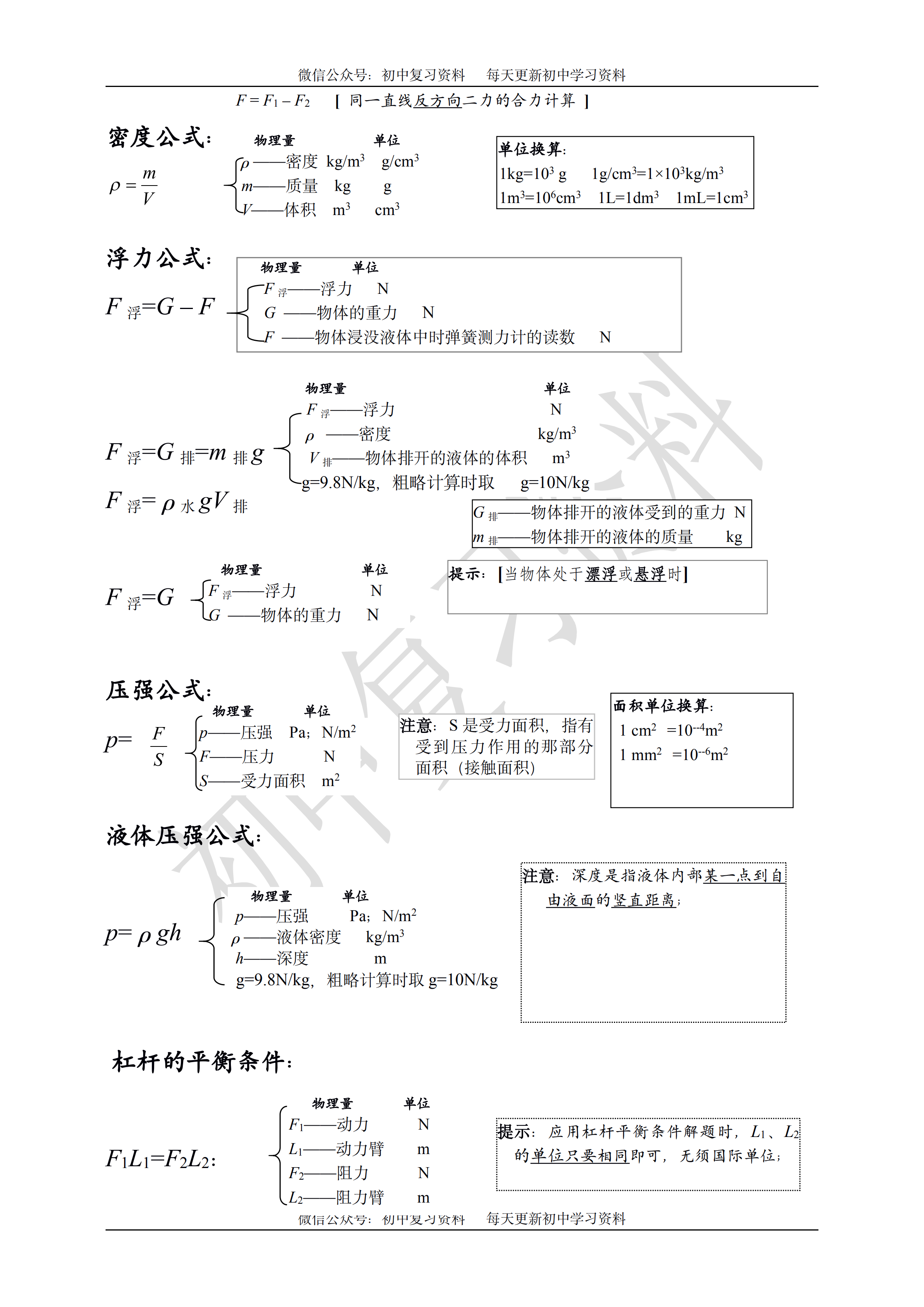 七八九年级的物理公式有哪些